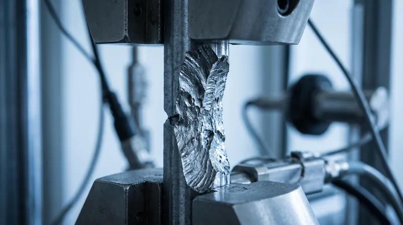 A close-up view of a microscopic metallic fracture surface under laboratory stress testing equipment.
