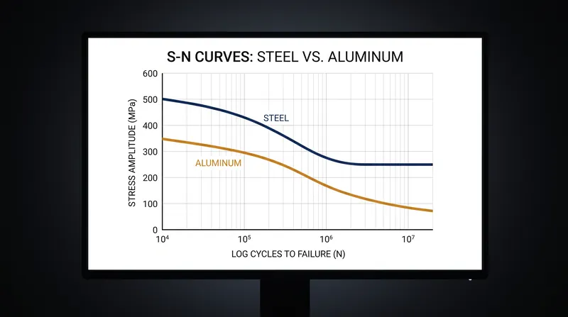 Steel's S-N curve flattens into an endurance limit, while aluminum's curve continues to decline indefinitely.