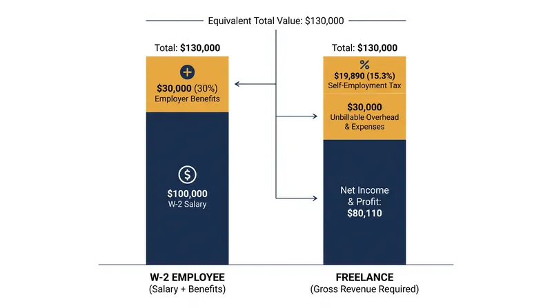 A freelancer must generate significantly more gross revenue to match the net financial position of a W-2 employee.