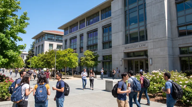 Exterior view of the UC Berkeley School of Law building with students walking on the paved pathways.