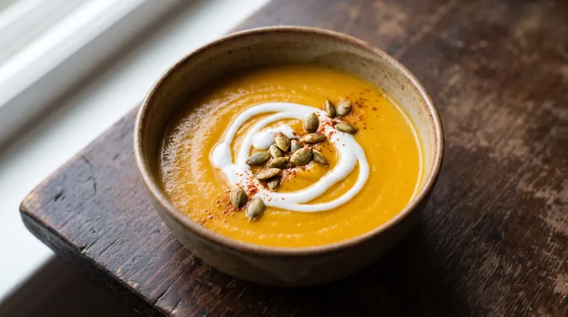 A rustic ceramic bowl filled with bright orange pumpkin soup, swirled with white coconut cream.