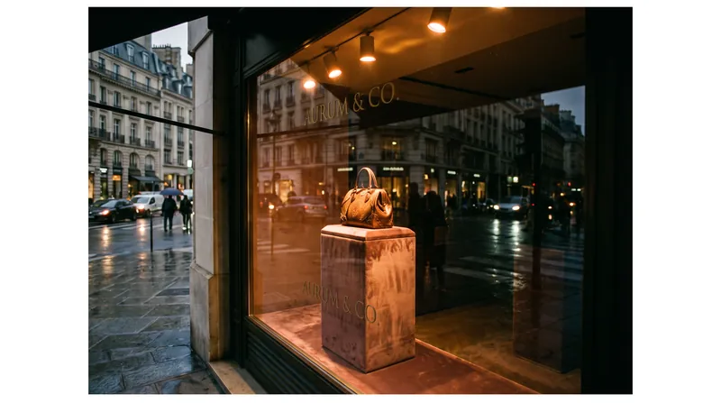 A dramatically lit luxury designer handbag displayed alone in a boutique window at night.