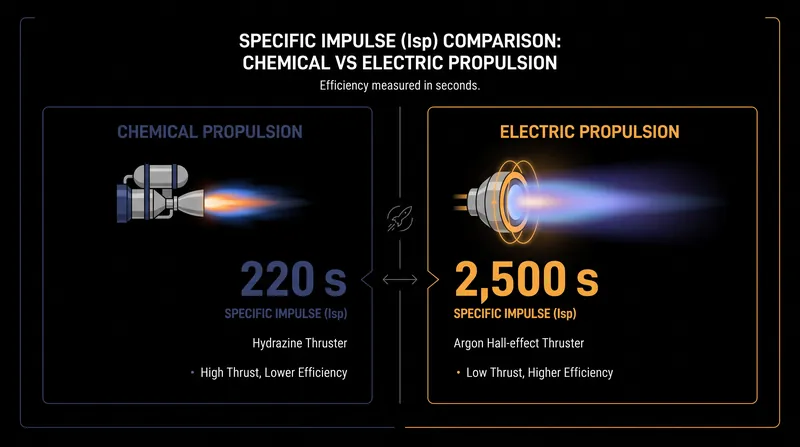 Specific impulse measures the fuel efficiency of a thruster, with argon systems outperforming chemical rockets by an order of magnitude.