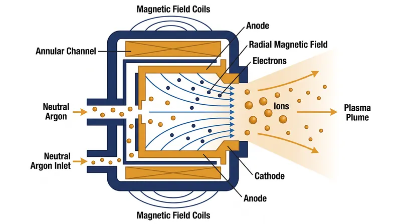 Inside a Hall thruster, a magnetic field traps electrons to ionize incoming propellant gas before an electric field accelerates it outward.