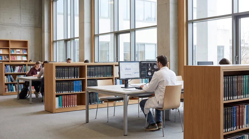 A brightly lit university medical library with rows of academic journals and a researcher working at a computer.