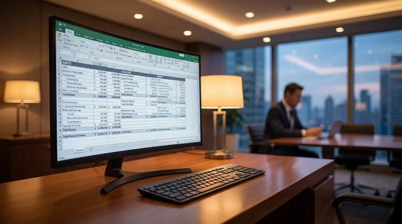 A digital financial ledger on a computer monitor displaying balance sheet assets and liabilities.