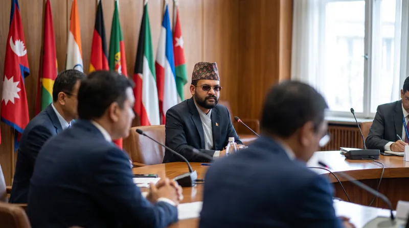Prime Minister Balen Shah of Nepal speaking in a formal diplomatic setting.