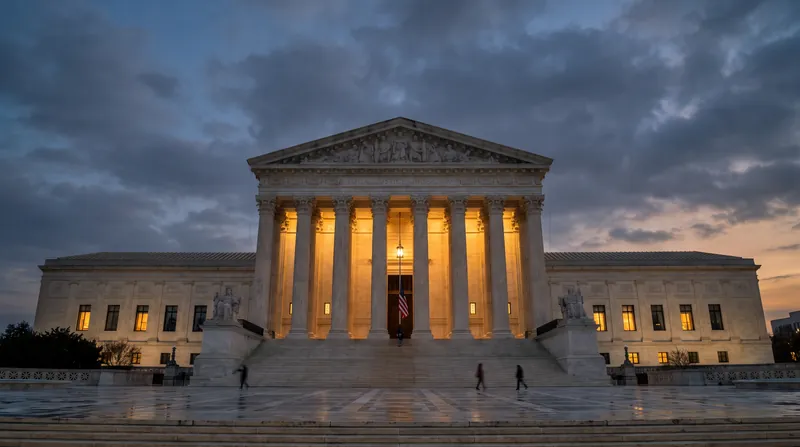 The exterior of the United States Supreme Court building illuminated at dusk with warm interior lights.