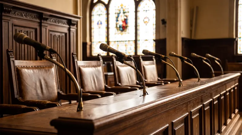 The judges' bench inside the Great Hall of Justice, where the ICJ hears contentious cases between sovereign states.