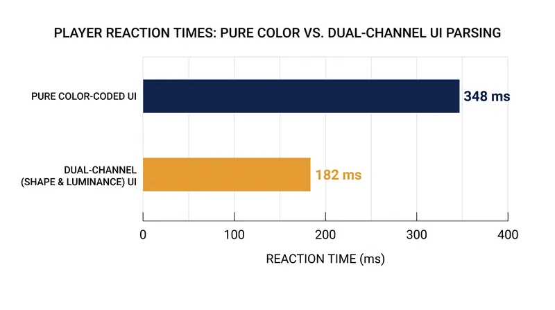 Adding geometric shape coding to color-based UI elements significantly reduces parsing time for all players.