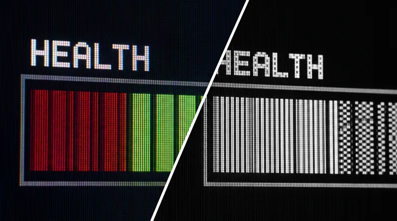 A split-screen view of a video game health bar showing vibrant colors on the left and high-contrast grayscale with geometric patterns on the right.