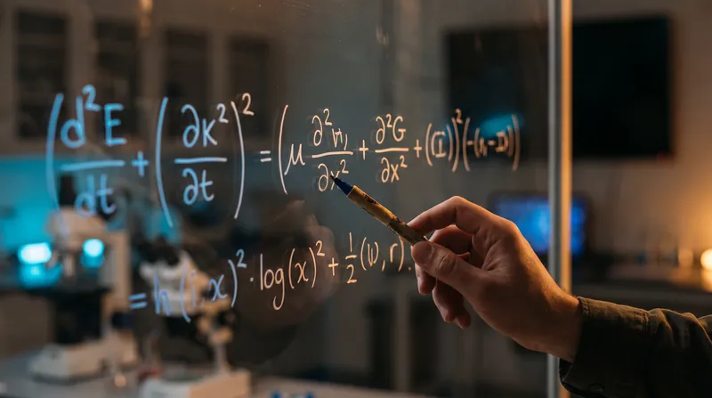 A close-up of a researcher's hand pointing at a complex mathematical equation on a glowing glass whiteboard.