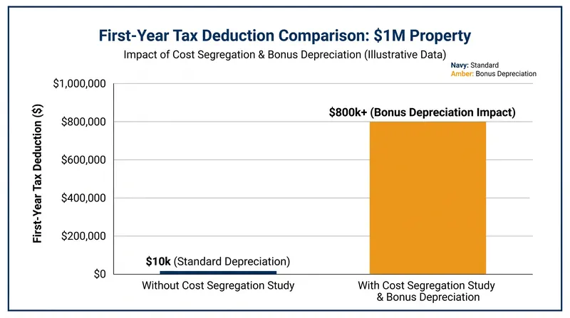 Accelerated depreciation significantly increases first-year tax deductions.