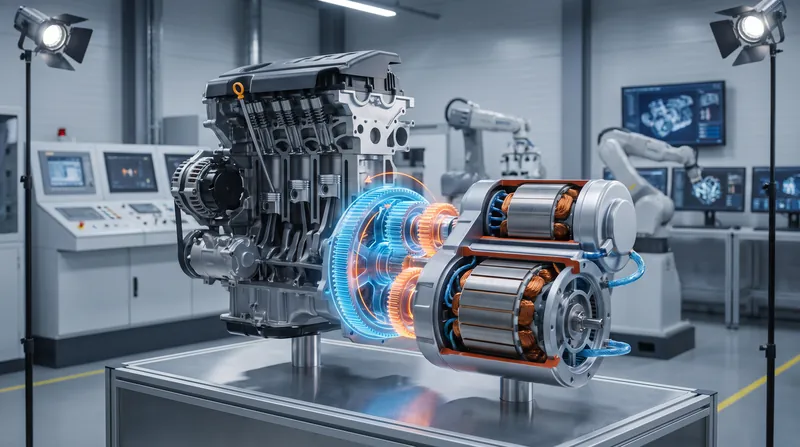 A detailed cutaway rendering of a hybrid vehicle powertrain featuring a glowing planetary gearset and electric motors.
