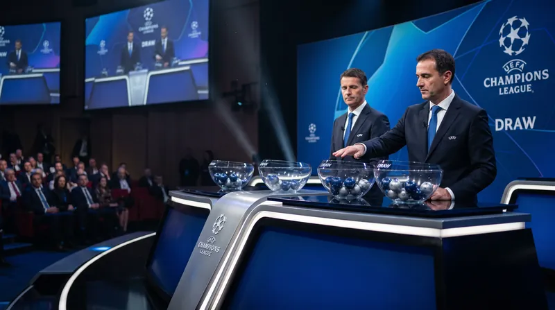 UEFA officials standing behind a podium with glass bowls and draw balls during a Champions League draw ceremony.