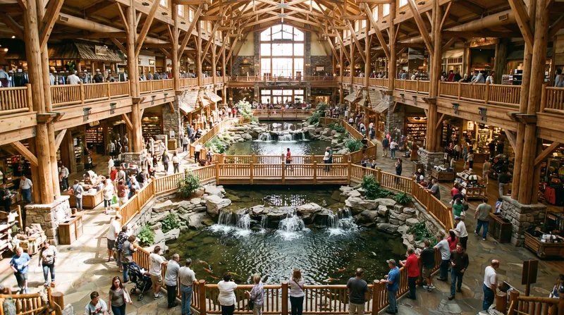 A large indoor retail space featuring a multi-tiered trout pond surrounded by rustic wooden architecture and shoppers.