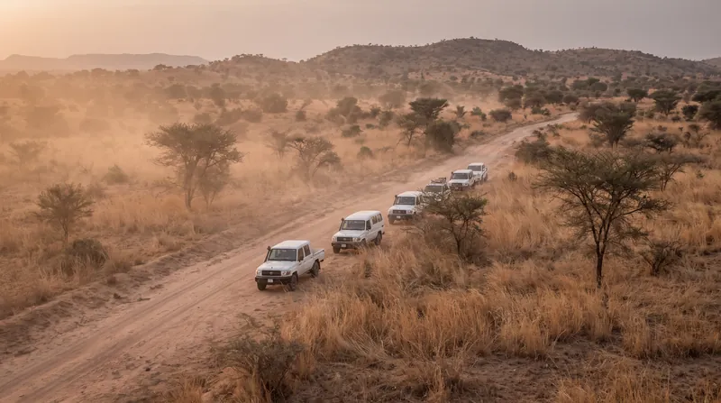 A convoy of white humanitarian vehicles parked on a dirt road in a dry savannah landscape at dawn.