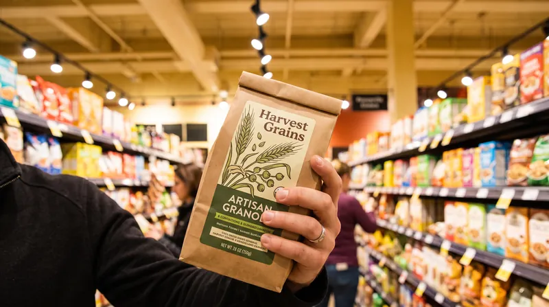 A person's hand holding a packaged food item in a grocery store aisle, looking at the front label.