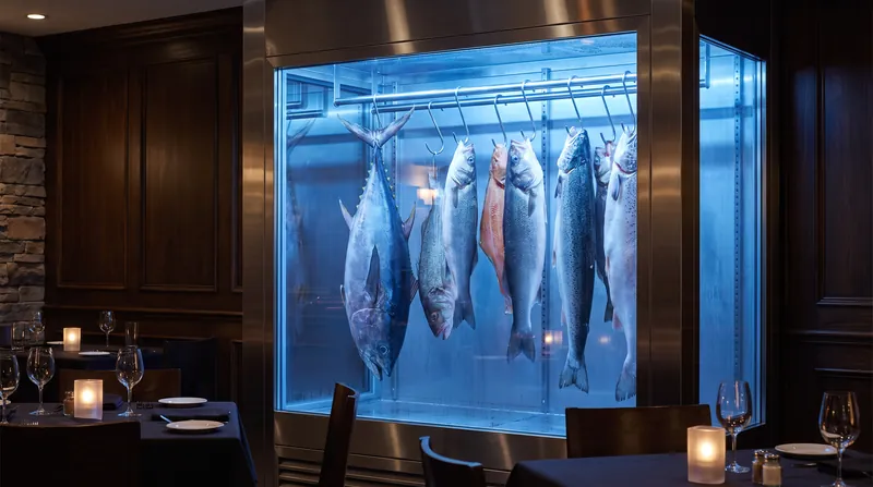 Whole fish hanging from stainless steel hooks inside a glowing, climate-controlled dry-aging refrigerator.