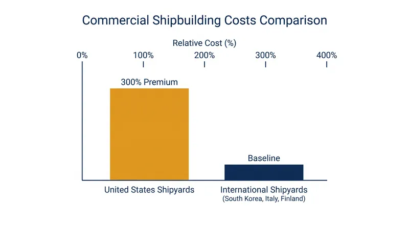 The 300% multiplier: the estimated cost premium of building a commercial vessel in a US shipyard versus an international yard.