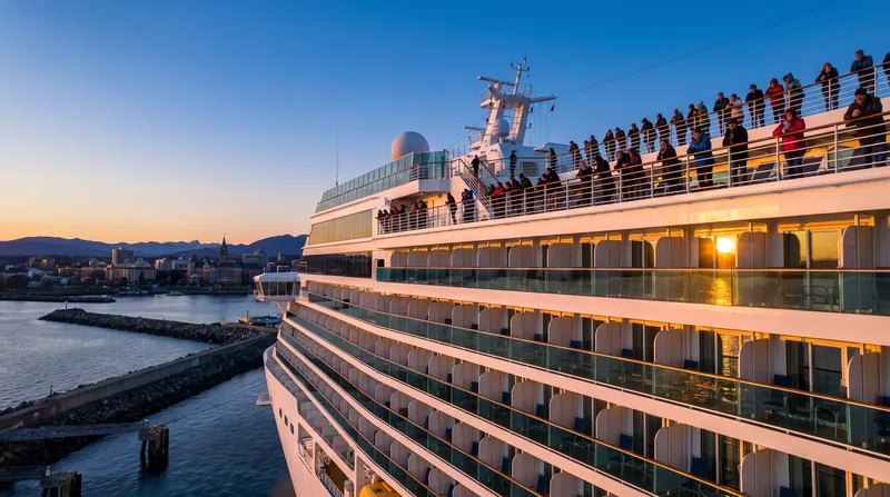 A large modern cruise ship docked at a port in Victoria, British Columbia during the evening.