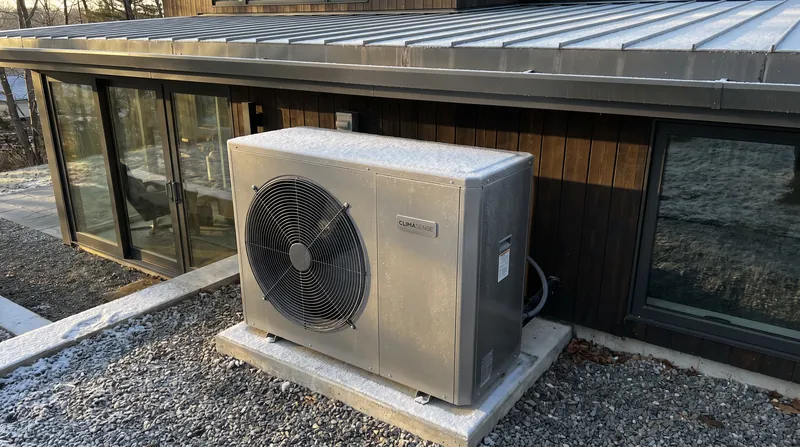 A modern air-source heat pump compressor unit sitting outside a residential home, lightly covered in winter snow.