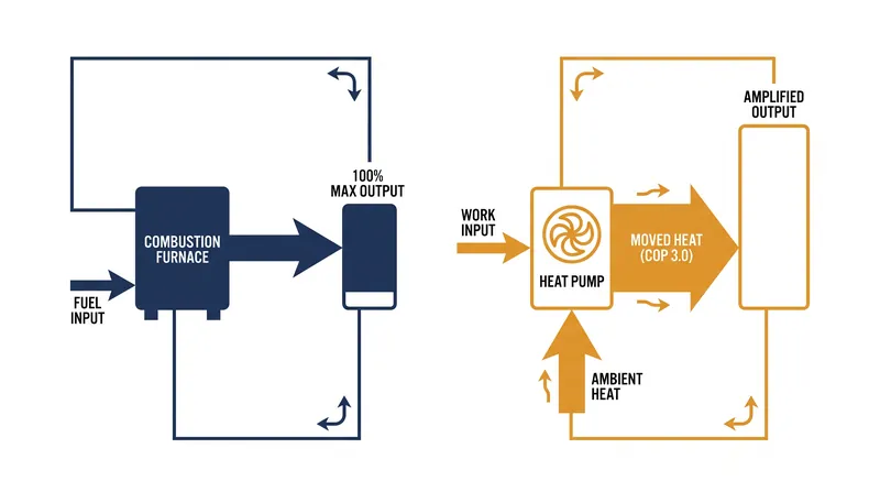 While furnaces create heat by breaking chemical bonds, heat pumps use mechanical work to move existing ambient heat.