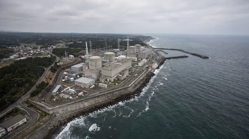 Aerial view of the Hamaoka Nuclear Power Plant on the Japanese coast with a large seawall.