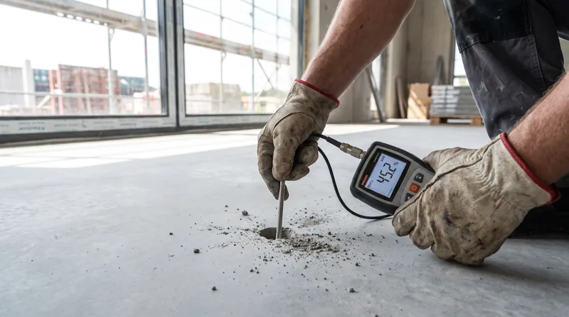 Close-up of a construction worker's hands inserting a digital relative humidity probe into a drilled hole in a concrete floor.