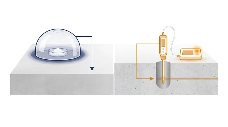 Surface emission testing (left) only measures evaporation, while in-situ testing (right) measures the internal moisture gradient.