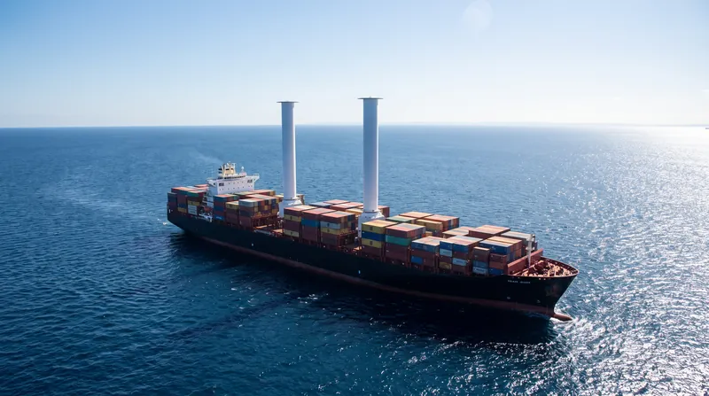 A large commercial cargo ship sailing on the ocean, featuring two tall, white cylindrical rotor sails mounted vertically on its deck.