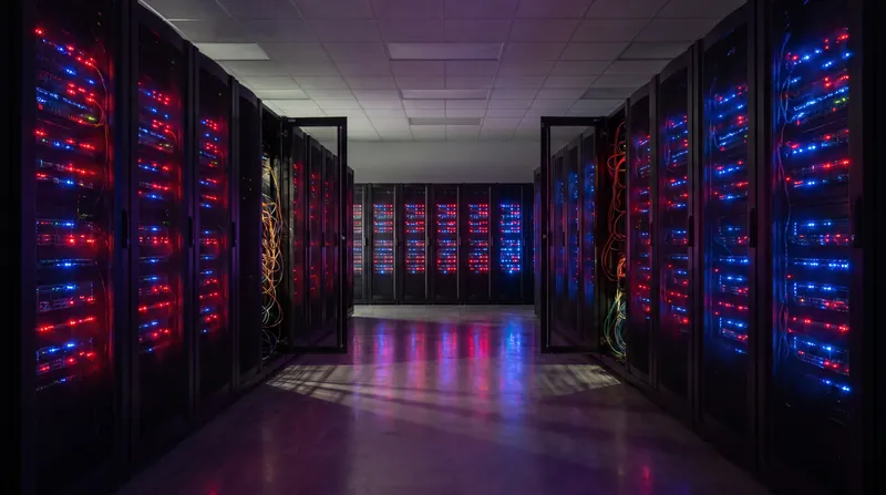 A modern server room illuminated by high-contrast red and blue status lights.