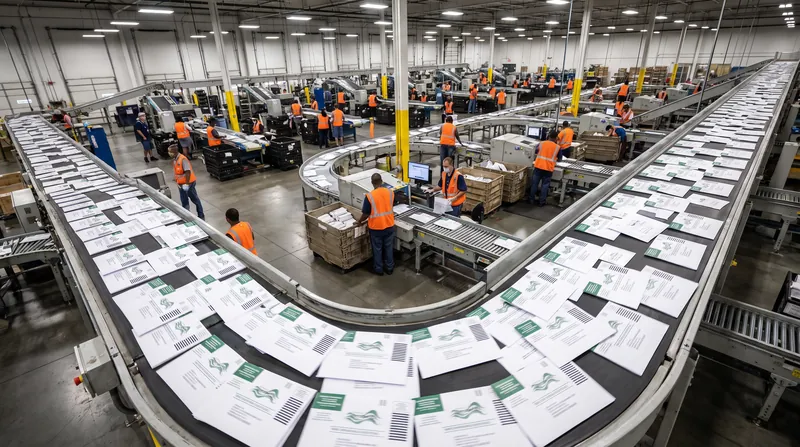 Thousands of white mail-in ballot envelopes moving rapidly along a mechanical sorting belt inside a postal facility.