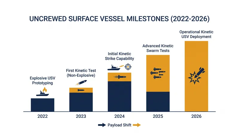The rapid evolution of naval drone payloads from single-use explosives to reusable kinetic weapons.