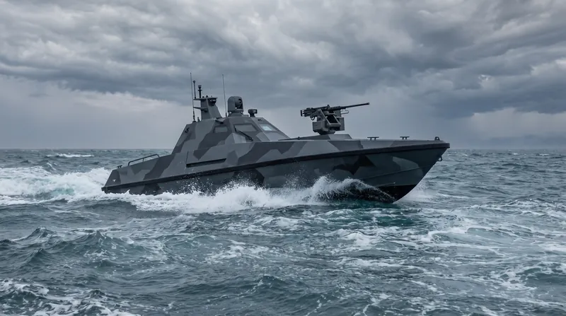 A sleek, grey uncrewed surface vessel equipped with a top-mounted machine gun navigating choppy ocean waters.
