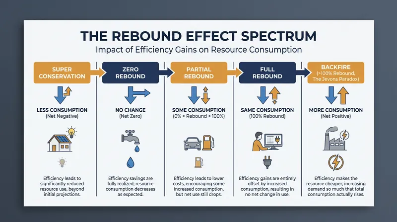 Economists categorize the behavioral response to efficiency gains along a spectrum, with the Jevons Paradox representing the extreme 'backfire' scenario.