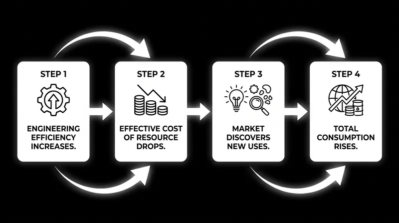 The paradox is driven by price elasticity: as efficiency makes a resource cheaper to utilize, the market inevitably finds new, previously unprofitable ways to consume it.