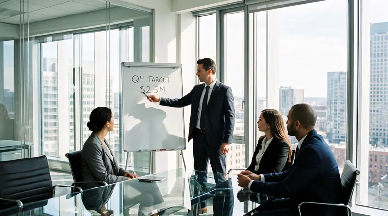 A manager points to a specific numerical target on a whiteboard while meeting with their team.