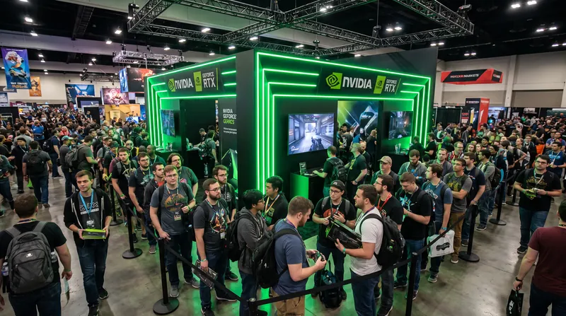 A crowded Nvidia booth at a gaming convention with attendees looking at graphics cards.