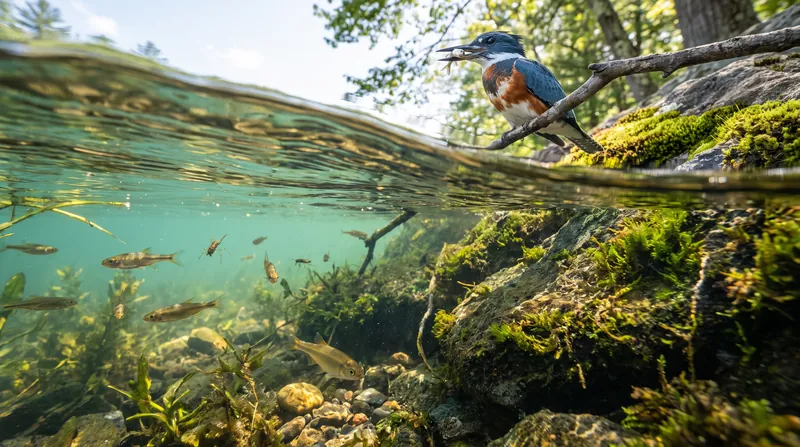 Split-level view showing small fish underwater and a bird of prey flying above the water surface.