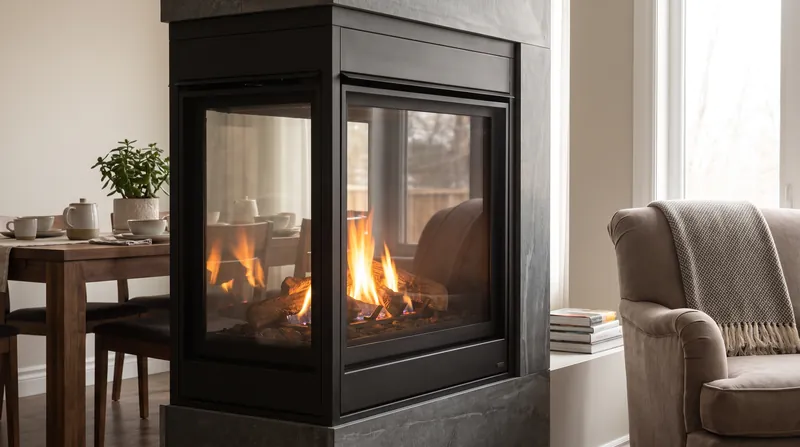 A double-sided fireplace anchors the room, creating distinct zones for dining and relaxing while maintaining a visual connection.