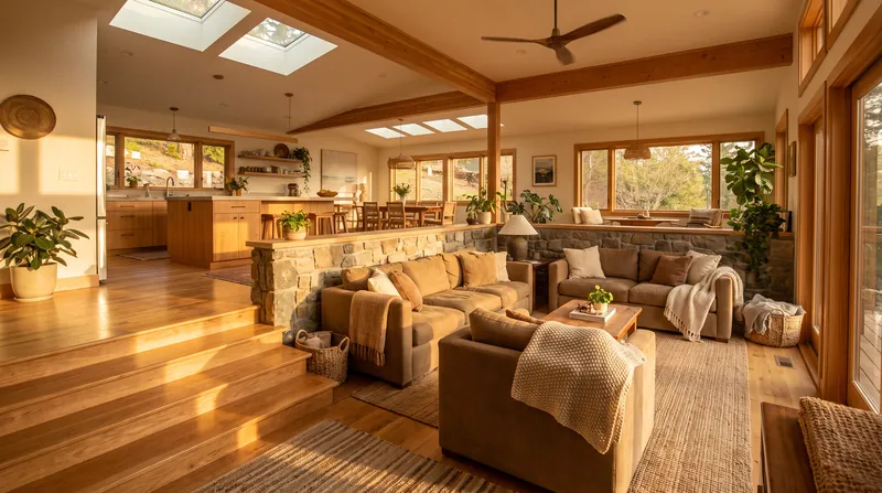 Changes in floor elevation, such as a sunken lounge, establish psychological boundaries without the need for vertical walls.