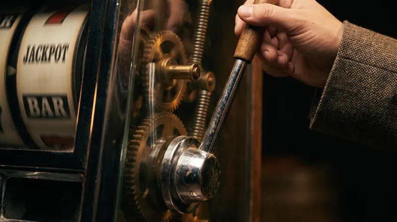 A close-up view of a person's hand pulling the lever of a vintage mechanical slot machine.