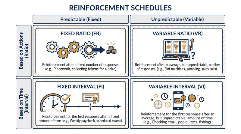 The four primary schedules of partial reinforcement are defined by their predictability and their basis in time versus action.