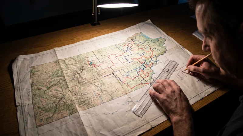 A close-up of a paper map of a US state with complex district lines drawn in red and blue marker, with a hand holding a clear ruler and pencil.