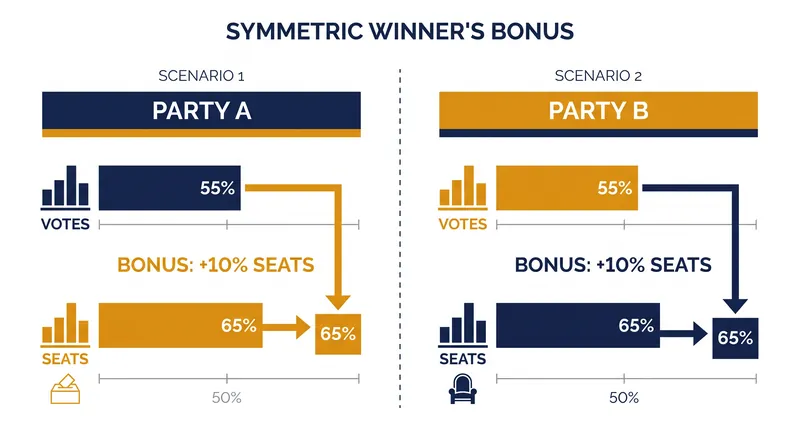 The metric does not demand strict proportional representation; it allows for a winner's bonus, provided that the structural advantage is symmetric for both parties.
