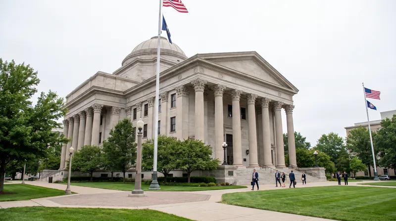 A wide exterior view of a traditional American courthouse building with classical columns in daylight.