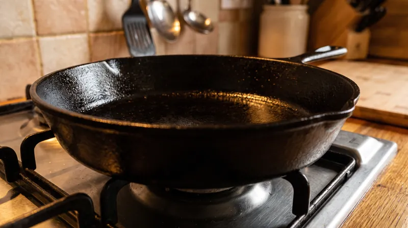 A close-up view of a black, smooth cast iron skillet resting on a stovetop grate.