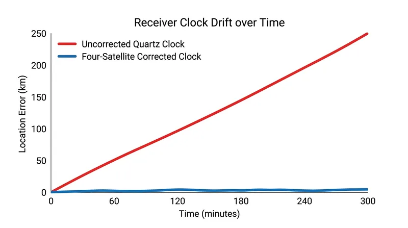 Without a fourth satellite to constantly correct the receiver's internal clock bias, standard consumer devices would drift off-position by kilometers within minutes.
