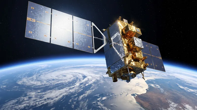 A highly detailed rendering of a GPS satellite with large solar panels orbiting above the Earth.